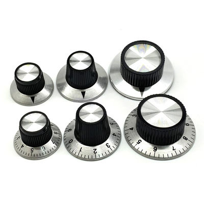 シルバーアルミニウムノブ 直径37mm 番号0-10とシャフトホール 6.4MMノブ